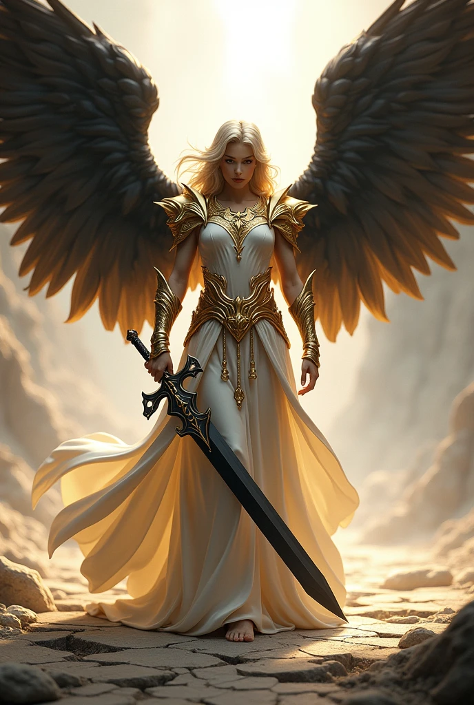 RPG style angel all gold and white but with very dark black wings holding a black sword, with the ground cracking at your feet 