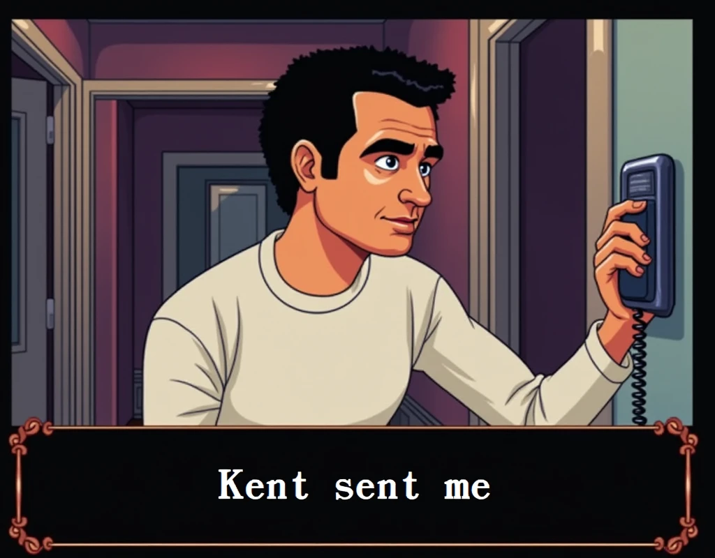 a pixelated image from the video game Leisure Suit Larry, from 1988, 8bit colors, a short man with black receding hairline and bushy black eyebrows, dressed in a long-sleeved white shirt, talking to an intercom next to a door in a hallway on a building floor, at the bottom the text "Kent sent me" in white pixelated letters on black square, video game frame, top angle view,