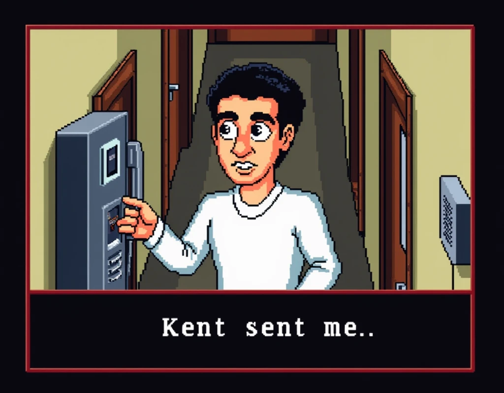 a pixelated image from the video game Leisure Suit Larry, from 1988, 8bit colors, a short man with black receding hairline and bushy black eyebrows, dressed in a long-sleeved white shirt, talking to an intercom next to a door in a hallway on a building floor, at the bottom the text "Kent sent me" in white pixelated letters on black square, video game frame, top angle view, 
