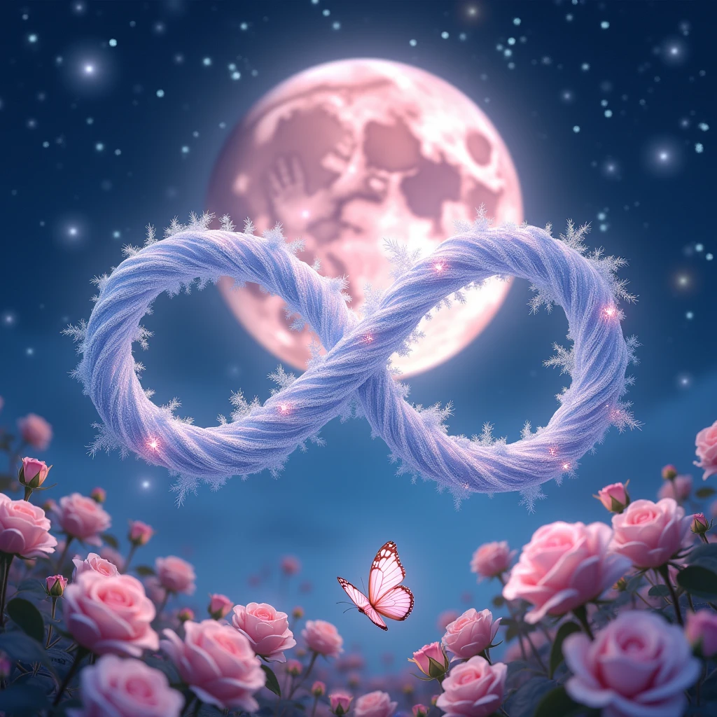 High resolution, masterpiece, Highest quality, High detail, Infinity、symbol、Infinity Mark、リボンとSparkleでできている輝くInfinity Mark、mysterious、myth、大きなPale pinkの月の背景、Sparkle、Night Sky、Close-up, Wide angle,
Night Skyに煌めくstarの中に輝くInfinity Mark、Behind the mark is a big pink moon、star、star空の下には薔薇、Pale pink、Light color、Glowing Butterfly、roseの花園、rose