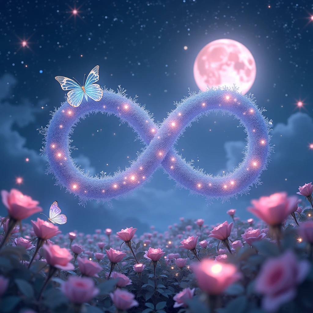 High resolution, masterpiece, Highest quality, High detail, Infinity、symbol、Infinity Mark、リボンとSparkleでできている輝くInfinity Mark、mysterious、myth、大きなPale pinkの月の背景、Sparkle、Night Sky、Close-up, Wide angle, 
Night Skyに煌めくstarの中に輝くInfinity Mark、Behind the mark is a big pink moon、star、star空の下には薔薇、Pale pink、Light color、Glowing Butterfly、roseの花園、rose