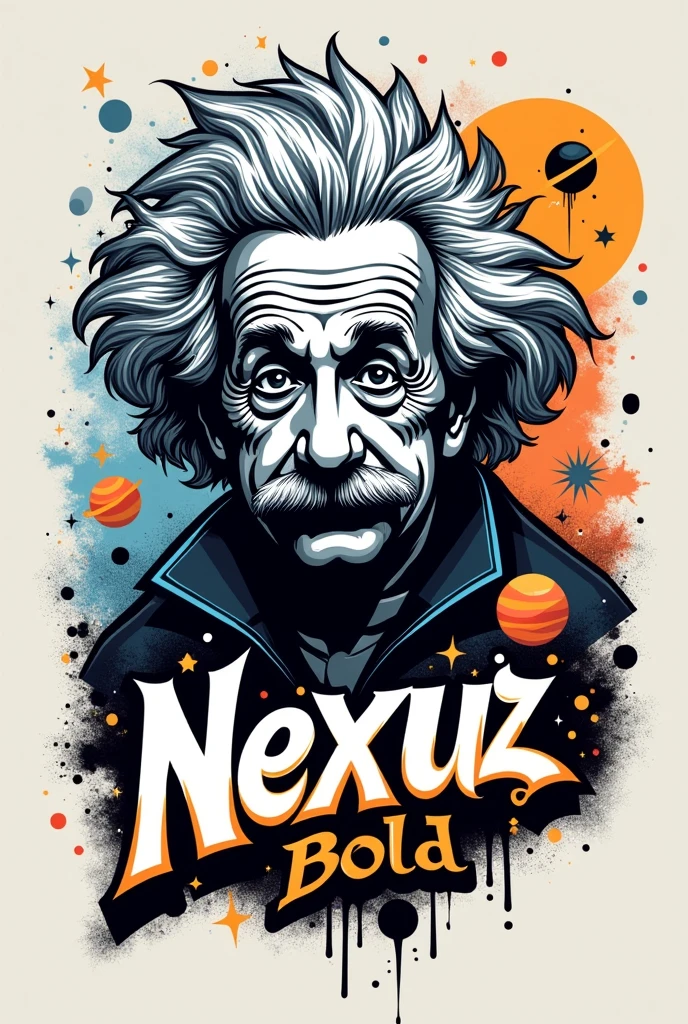 I want a logo for my brand with the following ideas Text: "Nexu&#39;z Bold" in graffiti style.
Visual Elements: Einstein&#39;s hair styled as part of the design, mixed with astronomical elements such as stars and planets.
colors: Use black and grey for an urban touch, with blue accents, orange, white and silver to represent physics.
urban style: Incorporate textures and details like graffiti, urban patterns and spray effects Having urban fashion concepts mix the theme of physics and fashion