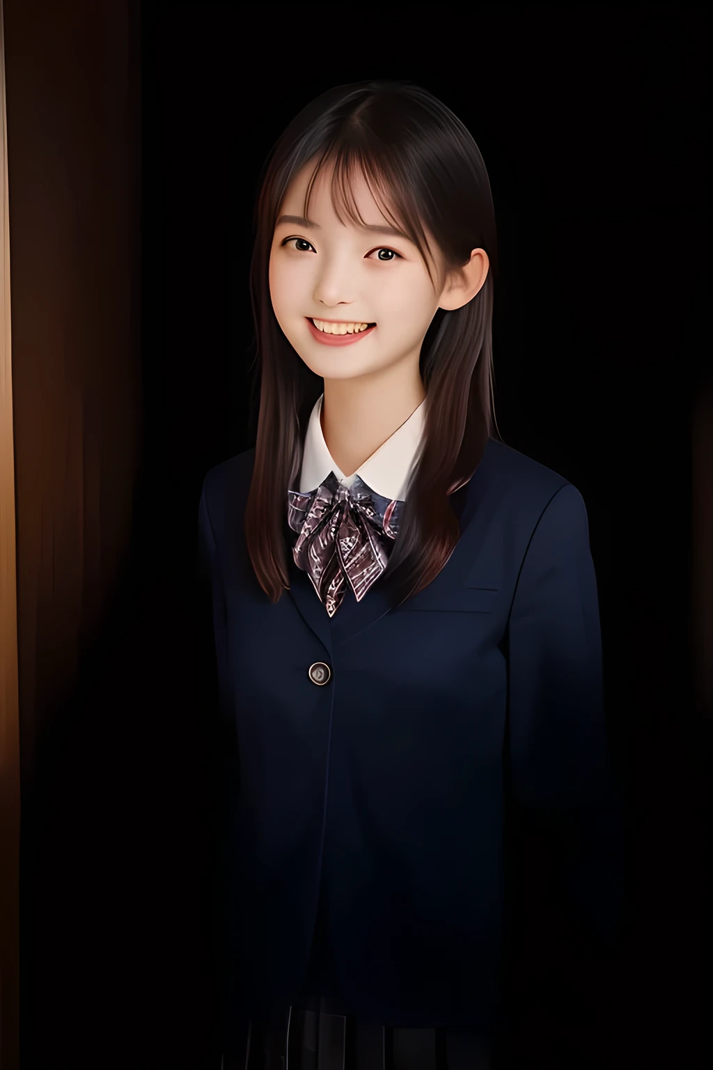 (highest quality, masterpiece, high resolution:1.2), 4K, (Photo quality well detailed white white white face: 1.2), geometry, (16 yo cute girly Japanese sensitive weak girl with very detailed graceful cute smiling face is turning to me and looking me: 1.5), Laughing cutely, (Japanese school girly navy-colored blazer uniform: 1.4), (blue dark blue blue expensive pleated checkered school skirt inside the blazer: 1.6), (big sharp breast: 1.3), (Dark red glossy school ribbon on the breast: 1.0), (Extremely laughing cheeks: 1.0), (Beautiful pretty large laughing cute cute cute childish childish laughing  cutely laughing eyes with detailed and balanced well: 1.4), (Double eyelids: 1.0), (Long bottom eyelashes: 1.2), (Glossy very wet lips: 1.0), (Super-straight hair, extremely very long hair which reaches her waist: 1.3), (plain light orange-colored wall paper with cute white heart marks), (White-Orange-Colored background with white heart marks)