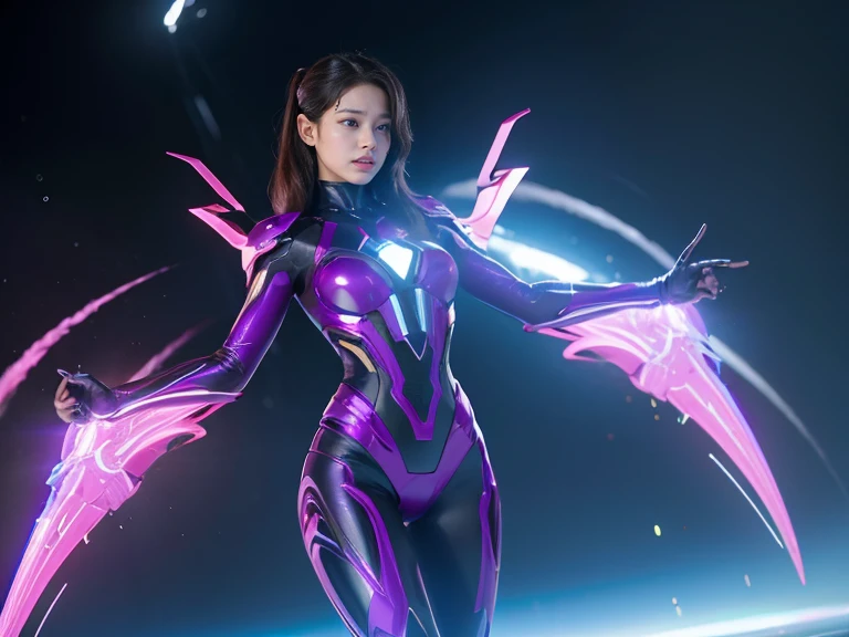 (RAW Photos, Highest quality), (Realistic, Photorealistic:1.3), 1 person、Realisticbody、Purple battle costume、Meteor warrior flying from space、Fight against the octopus aliens、Octopus、Shielded Reflector Laser、smile、