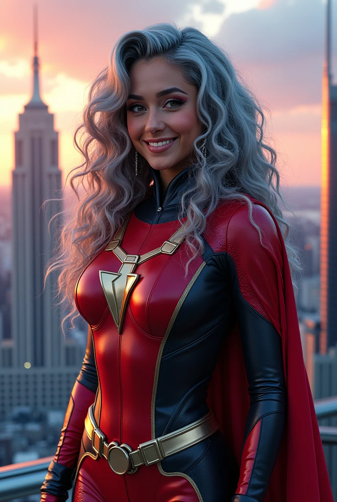A beautiful youthful looking American version of Ariana Grande as a 50 years old woman with long her completely gray hair in a big curls styles as a retired American inspired superhero wearing her costume suit witch looks like a comic superhero suit again for a photoshoot on top of a skyscraper with a future looking big city skyline in the background she is smiling for the camera