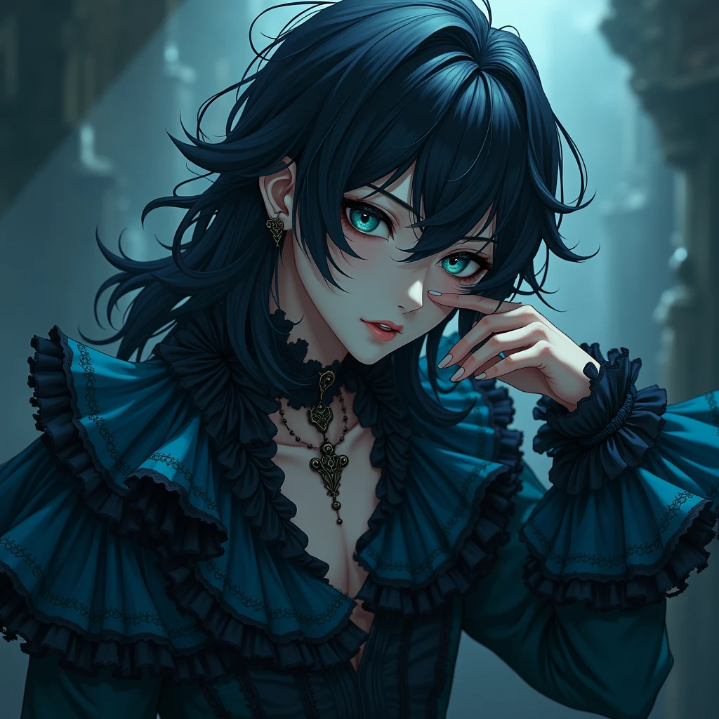 Long black hair. Teal blue eyes, Male, Blue and black frilly gothic clothes, Surrealism, Sexy, Masterpiece, Shiny, Gloomy effects, 8k, super detail, Shiny, Beautifully detailed, Pretty drawn. Anime style. Sexy pose, hot. Seductive pose. Anime style.