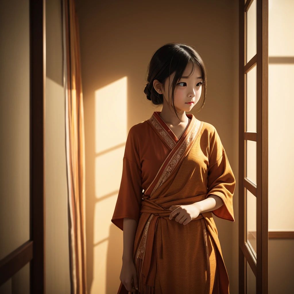 Capturing indoor scenes using selective focus photography，where warm colors dominate，The girl in the foreground is in sharp focus against a softly blurred background。Include elements such as textured fabric or walls