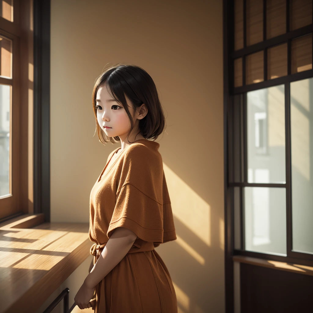 Capturing indoor scenes using selective focus photography,where warm colors dominate,The girl in the foreground is in sharp focus against a softly blurred background。Include elements such as textured fabric or walls