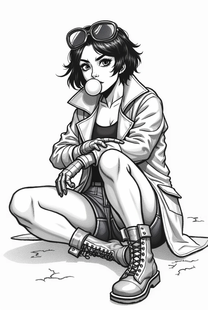 Visualize the X-Men character JUBILEE as a rough sketch in the style of comic artist Jim Lee.
She should sit on the ground pouting. JUBILEE is an Asian teenage with really short hair, a coat with rolled up sleeve, long gloves, boots and denim shorts and a 80's syle sunglasses which that sits on the top of her head that has the shape of Bret Harts icons sunglasses. She has to blew a bubblegum bubble
