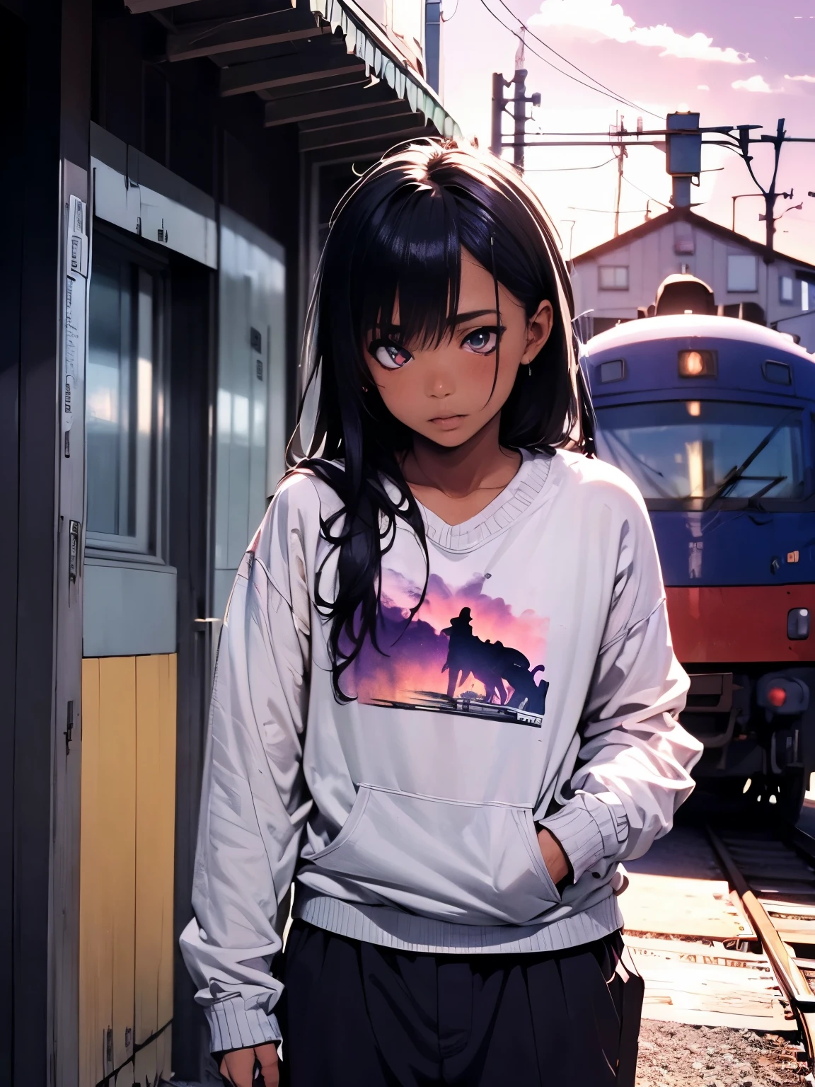 a black boy, standing alone, wearing pants and a sweater, in front of a purple sky, outdoors, at a train station, waiting for a bus, with a dragon in the background, (best quality,4k,8k,highres,masterpiece:1.2),ultra-detailed,(realistic,photorealistic,photo-realistic:1.37),extremely detailed eyes and face,longeyelashes,1boy,highdetailed,dramatic lighting,cinematic,surreal,fantasy,moody colors