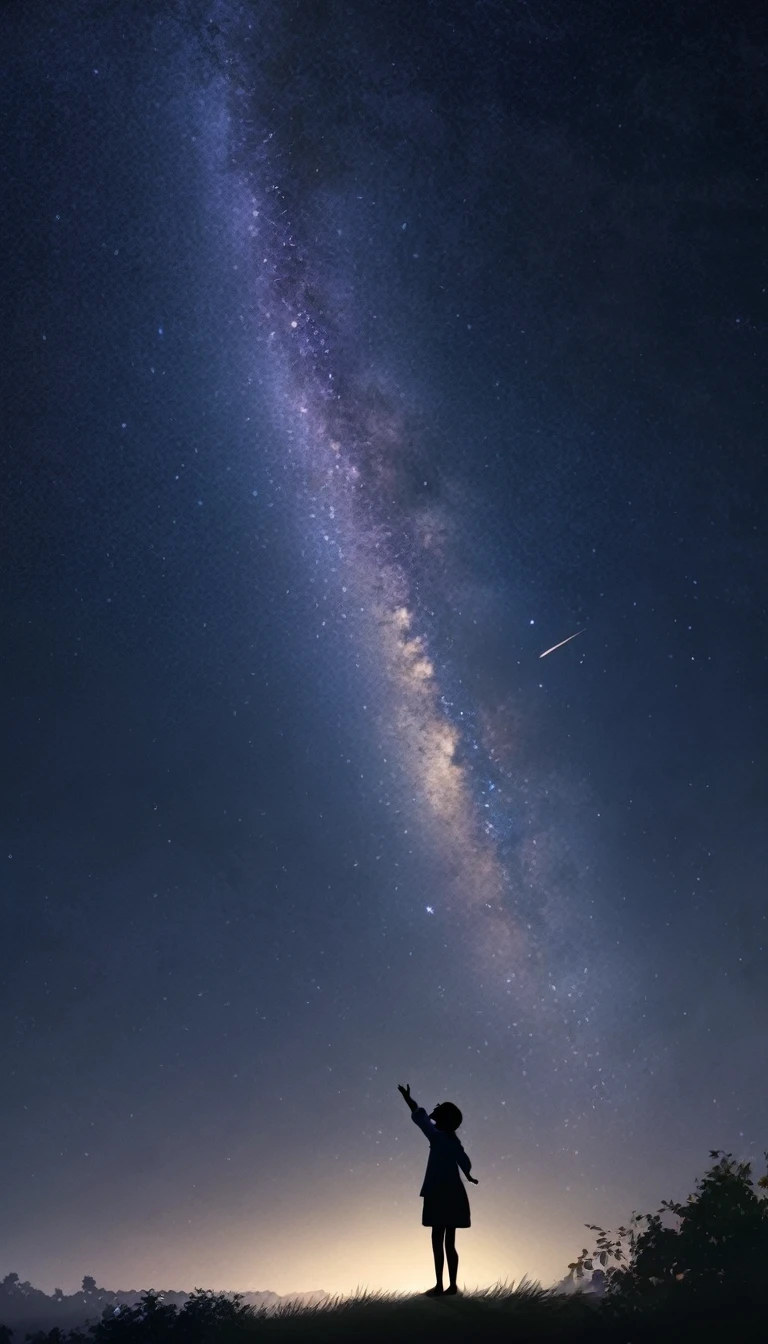 (((Parks by the river、A dignified summer night sky、Full of stars、milky way、shooting star:1.ung people、15 yeart quality、masterpiece、(((Night Time:1.5、dark、Sit on a bench and look up at the stars:1.37、Sit on the floor and look up at the sky:1.2、Look at the sky:1.37)))、one person&#39;s、Extremely delicate facial and skin texture、White Summer Knitwear、Black long skirt、Everyday Scenes、Pleasant sunshine、In perfect harmony with nature、relaxation、