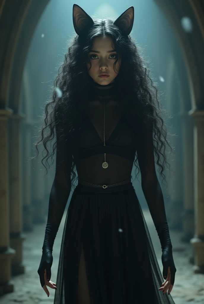 girl with curly hair turns into a cat woman with curly hair turns into a cat, hyperrealistic, girl with curly black hair