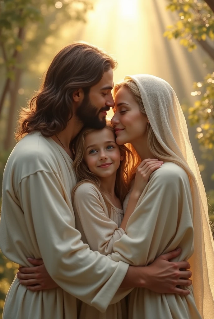 three people, sendo elas: JesusChrist, Our Lady of Fatima and a woman hugging each other, being the woman with blue eyes and light hair... everybody happy... (image made in 16:9)