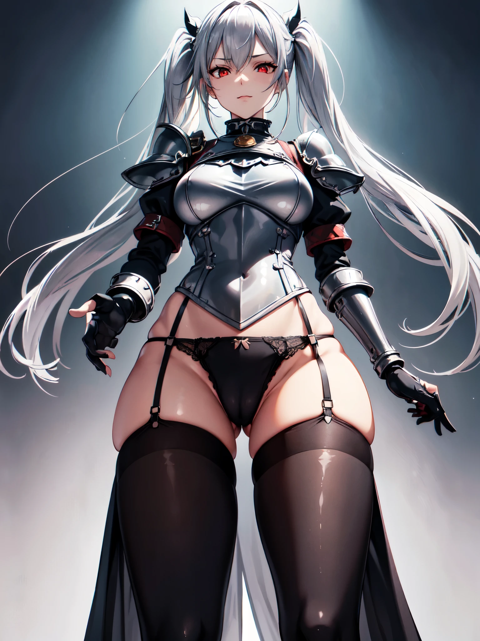 jfrsd, twintails, sidelocks, star hair ornament, choker, frills, fingerless black gloves, silver hair, red eyes, natural medium breasts, slender body, slender legs, long legs, sexy hips, happy face, ray tracing, best shadow, High resolution, (dim lighting), detailed background, fluffy silver hair, open crotch, gap between thighs, standing, front, plate armor, steel breastplate, steel gauntlets, steel gloves, (no pants), (black panties), tight panties, tiny panties, ((cameltoe)), medieval fantasy, Dungeons and dragons, RPG character, (in a battlefield), cowboy shot, quality, (masterpiece), 8k, nsfw,