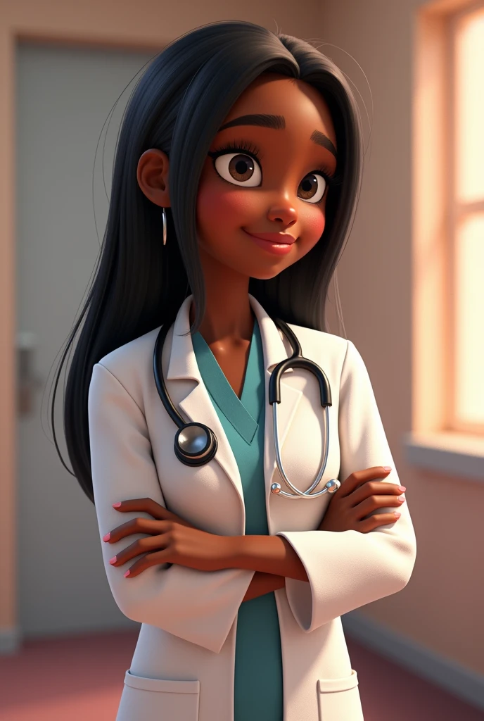 Animated Pixar image black skin doctor, black straight hair, medical gown stethoscope
