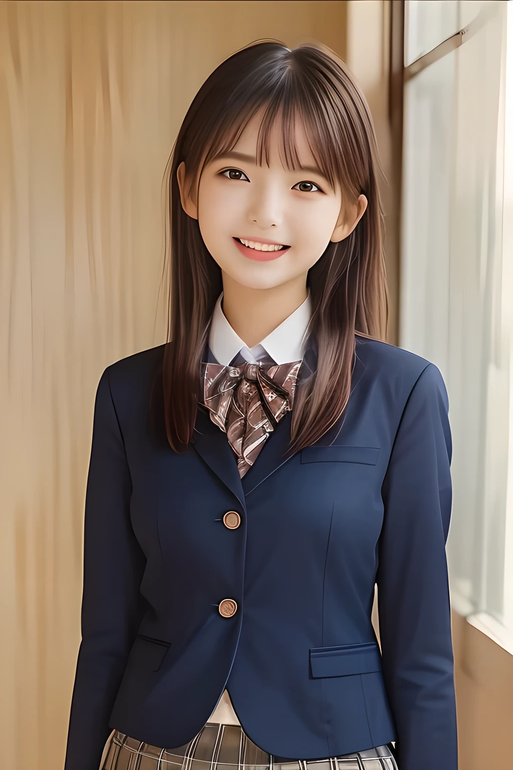 (highest quality, masterpiece, high resolution:1.2), 4K, (Photo quality well detailed white white white face: 1.2), geometry, (16 yo cute girly Japanese sensitive weak girl with very detailed graceful cute smiling face is turning to me and looking me: 1.5), Laughing cutely, (Japanese school girly navy-colored blazer uniform: 1.4), (blue dark blue blue expensive pleated checkered school skirt inside the blazer: 1.6), (big sharp breast: 1.3), (Dark red glossy school ribbon on the breast: 1.0), (Extremely laughing cheeks: 1.0), (Beautiful pretty large laughing cute cute cute childish childish laughing cutely laughing eyes with detailed and balanced well: 1.4), (Double eyelids: 1.0), (Long bottom eyelashes: 1.2), (Glossy very wet lips: 1.0), (Super-straight hair, extremely very long hair which reaches her waist: 1.3), (plain light orange-colored wall paper with cute white heart marks), (White-Orange-Colored background with white heart marks)