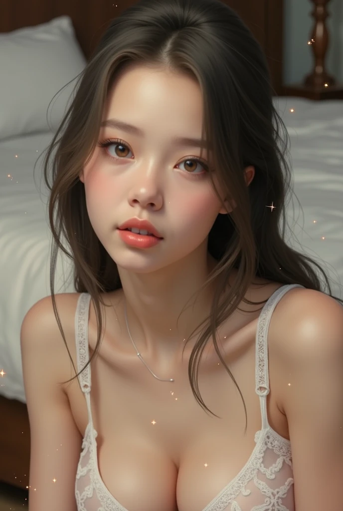 natural light, masterpiece, Very detailedな,absurd,of the highest quality,Very detailed,detailed face,light particles, Turning on, (Very detailed:1.2),(detailed face:1.2), (gradation), software, showy,(large eyes:1.2),bedroom,While removing the lace ribbon bra,20 years,(((delgado, tight waist, thin thighs,thin arms,very small breasts))),((Intricate details on tight panties)),((Leaning forward,view from behind)),full body shot,