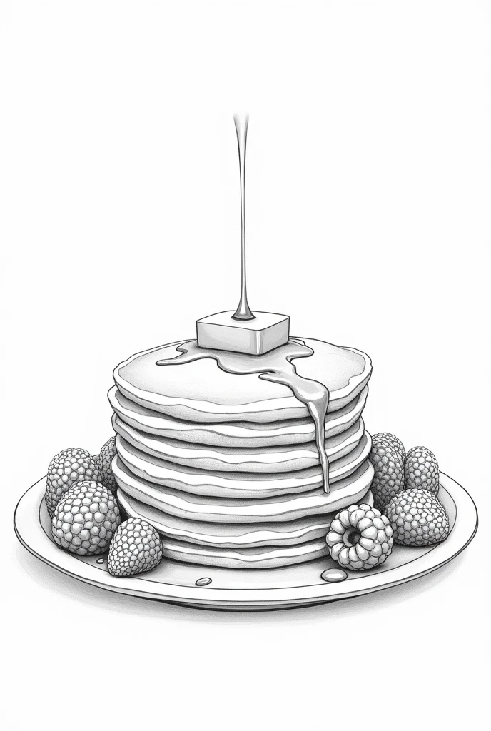 Best Quality, High resolution, masterpiece:1.2, ultra detailed, realist :1.37. , White background, monochrome, Line drawing, Sketch., Make sure the lines are clear and well defined for easy coloring.. A stack of fluffy pancakes with butter melting on top, drizzled with syrup, and surrounded by fresh berries