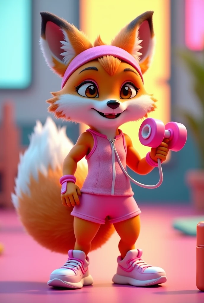 Create a 3D Disney Pixar style fox named FitFox Max. She must exude an energetic personality, motivating and dedicated, perfect for a section dedicated to fitness and well-being.
colors: Vibrant shades of orange and white, with pink accents for a stimulating and cohesive look.
Accessories:
Workout Clothes: Wear a pink headband and a sports t-shirt or top with pink accents, maintaining a modern and vibrant style.
Fitness Equipment: May be holding or interacting with equipment such as pink dumbbells, a skipping rope or a water bottle with pink details.
running shoes: A pair of stylized sports sneakers, with pink details and vibrant colors.
Expressions: Confident smile and bright eyes, with an expression of determination and enthusiasm that conveys energy and motivation.
Activities and Poses:
training: doing exercises, like lifting pink weights, jumping rope or stretching.
Motivating: Demonstrating yoga or fitness poses, and perhaps holding a sign with an inspiring message.
Fitness Tips: Pointing to a board with training tips, Health and Nutrition, or showing an exercise routine.
Interactivity on the Website:
Hover animations: Animated movements like running, lift weights or stretch.
Motivational Messages: Encouraging messages with training tips, nutrition and well-being.