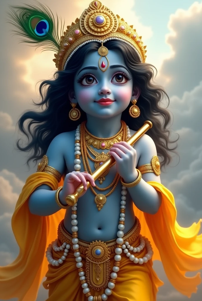 "Depict Lord Krishna as described in the Bhagavata Purana. He should have a dark, cloud-like complexion with skin that appears blue-black, radiating a divine aura. His eyes are large, lotus-like, and filled with compassion, slightly elongated to give a mesmerizing appearance. His long, curly hair should be jet black, adorned with a prominent peacock feather. He is wearing bright yellow silk garments that flow gracefully around him, contrasting beautifully with his dark complexion. Krishna should be adorned with various divine ornaments, including a crown set with precious gems and armlets. His crown should also feature a peacock feather prominently. He holds a flute in his hand, symbolizing his connection with music and his enchanting presence. His expression should be joyful and serene, with a sweet, captivating smile that radiates love and warmth. The background should be ethereal, perhaps with soft clouds or a gentle natural setting that enhances his divine nature."eyes are sun and moon shining