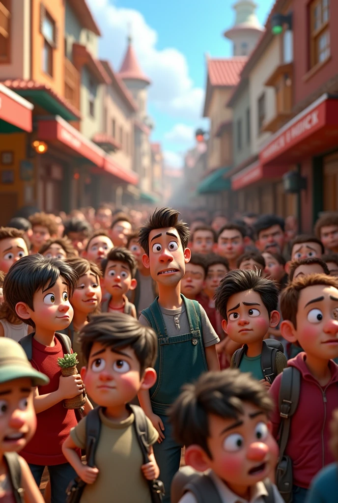 Im Stil wonn Pixar 3D Animation Film. A large group of annoyed people in a marketplace.