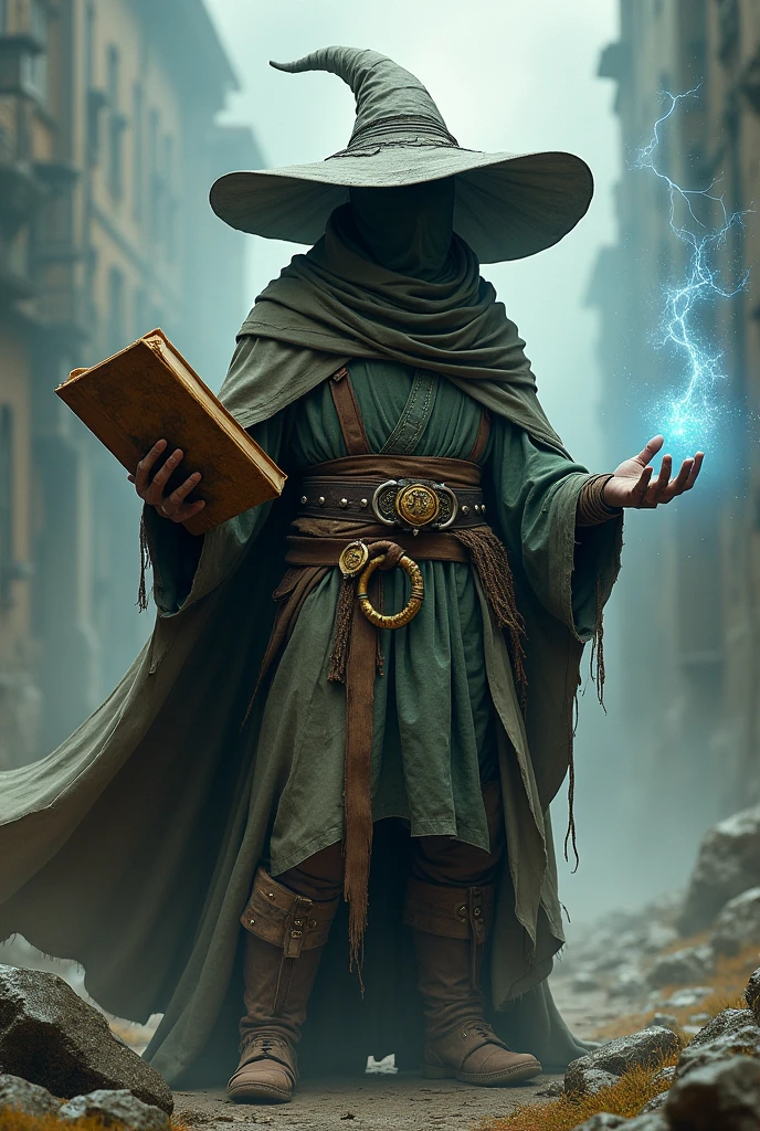 A weather wizard with worn-out clothes and his entire body bandaged, a cloth hides his face, use for a huge wizard hat very large, he wears a very thick belt with a book at his waist and his wizard's cape is all torn, in one hand he holds a very thick, golden book, and in the other he channels a temporal magic