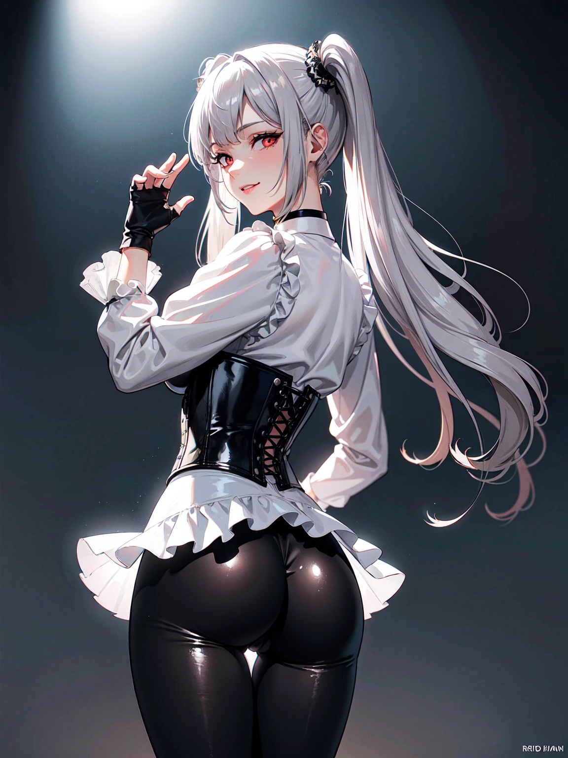 jfrsd, twintails, sidelocks, star hair ornament, choker, frills, fingerless black gloves, silver hair, red eyes, natural medium breasts, slender body, slender legs, long legs, sexy hips, happy face, ray tracing, best shadow, High resolution, (dim lighting), detailed background, fluffy silver hair, Are standing, Rear view, Perfect Ass, Beautiful Face, Very fine grain, Pink Cheeks, Happy expression, Draw a smile, choker:1.6, (White button-down long-sleeve shirt), Black gloves, Gloves to cover your hands, (Black leather corset), (shiny black leggings), Sensual lips, Show eye details, Medieval village with villagers background, At night,