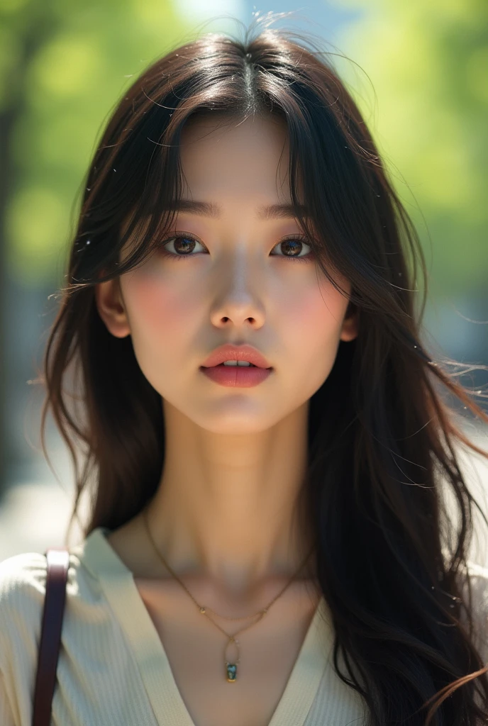 A fair-skinned Japanese woman walking outside。Portrait。Selfie style。