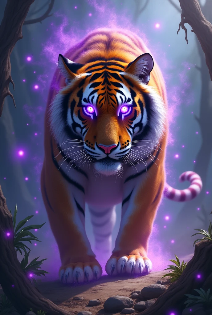 Create an image of a tiger with vibrant purple eyes and aura