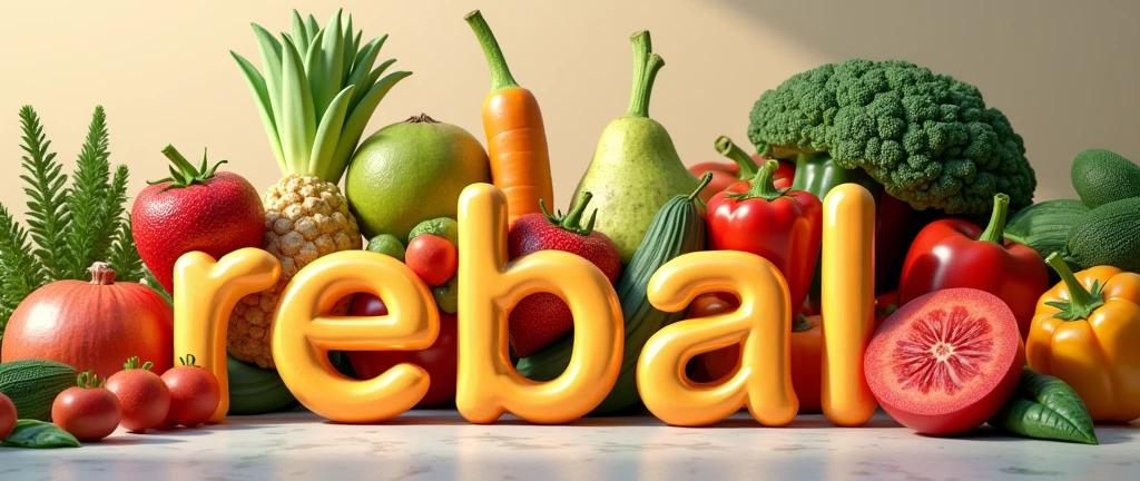 GENERATE A BACKGROUND OF FRUITS AND VEGETABLES WITH THE WORD REBAL that looks very very realistic