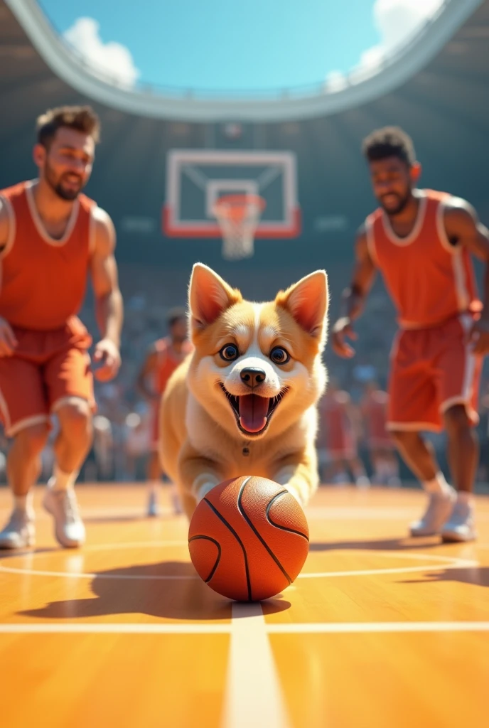A dog playing handball with basketbal play.ers
