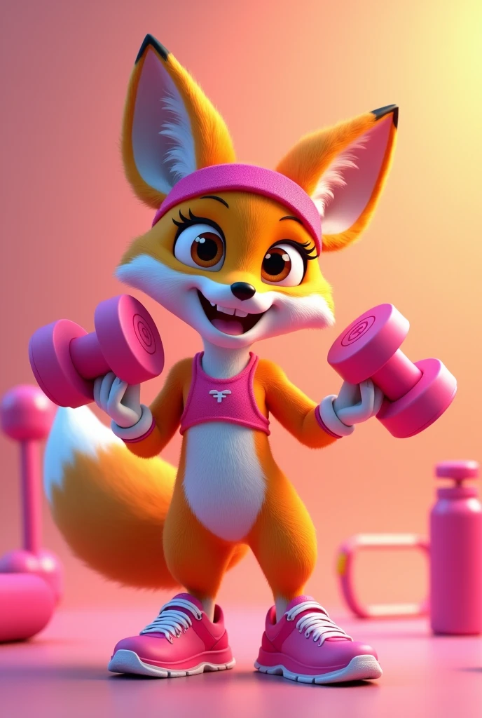 Create a 3D Disney Pixar style fox named FitFox Max. She must exude an energetic personality, motivating and dedicated, perfect for a section dedicated to fitness and well-being.

colors: Vibrant shades of orange and white, with pink accents for a stimulating and cohesive look.

Accessories:

Workout Clothes: Wear a pink headband and a sports t-shirt or top with pink accents, maintaining a modern and vibrant style.
Fitness Equipment: May be holding or interacting with equipment such as pink dumbbells, a skipping rope or a water bottle with pink details.
running shoes: A pair of stylized sports sneakers, with pink details and vibrant colors.
Expressions: Confident smile and bright eyes, with an expression of determination and enthusiasm that conveys energy and motivation.

Activities and Poses:

training: doing exercises, like lifting pink weights, jumping rope or stretching.
Motivating: Demonstrating yoga or fitness poses, and perhaps holding a sign with an inspiring message.
Fitness Tips: Pointing to a board with training tips, Health and Nutrition, or showing an exercise routine.
Interactivity on the Website:

Hover animations: Animated movements like running, lift weights or stretch.
Motivational Messages: Encouraging messages with training tips, nutrition and well-being.