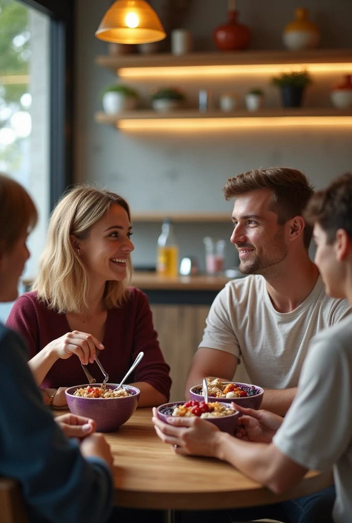 Realistic man and wife 25-35 years old, At the acai shop ,blonde hair eating acai , with friends Ultra HD, high qualiy, best qualityer, high resolution, 8k, 16K
