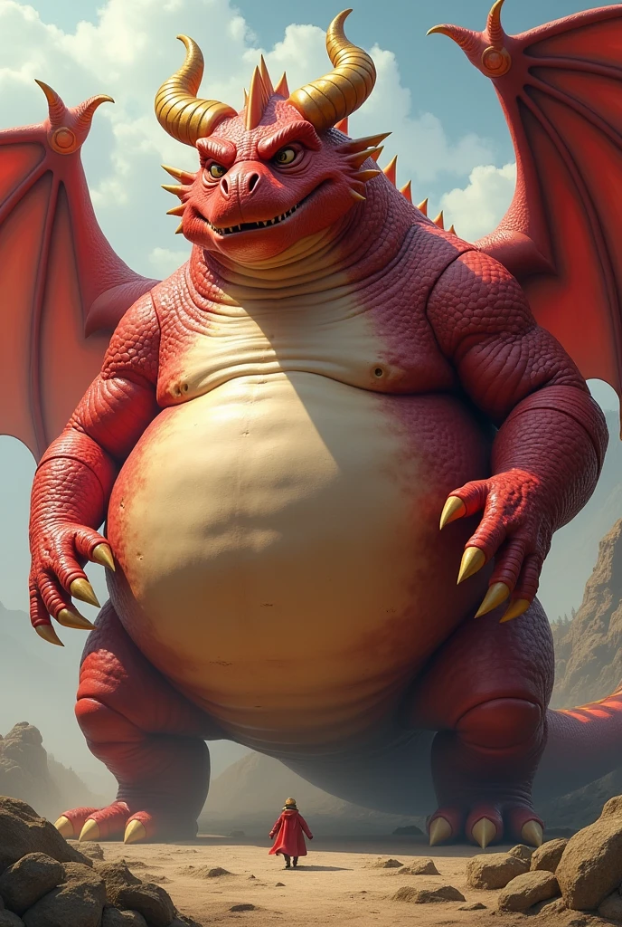 He is a Red Dragon, cool, golden horn, hand-held wings, and the world's most overweight Dragon. He is fat, heavy enough to touch the ground, very heavy, and bigger than a country. He has wings and his dragon also uses various magic. Fatter, his features are so thick and fat, he is enormous, and he does many magic tricks to make his dragon fatter!!!! His stomach swells up more than a few times!!! His stomach is bigger than his body. His stomach touches the ground and his body is long