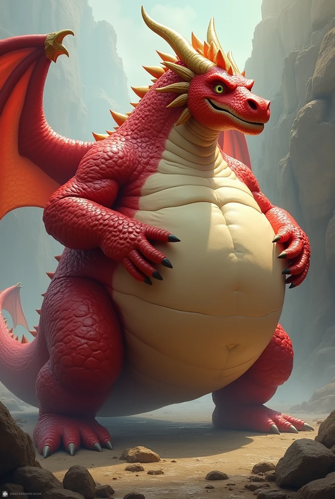 He is a Red Dragon, cool, golden horn, hand-held wings, and the world's most overweight Dragon. He is fat, heavy enough to touch the ground, very heavy, and bigger than a country. He has wings and his dragon also uses various magic. Fatter, his features are so thick and fat, he is enormous, and he does many magic tricks to make his dragon fatter!!!! His stomach swells up more than a few times!!! His stomach is bigger than his body. His stomach touches the ground and his body is long
