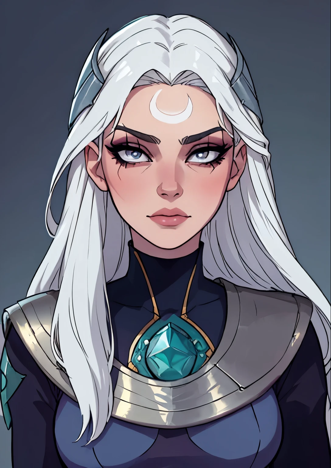 masterpiece, best quality, 1female, beautiful, face portrait, makeup, gray eyes, pale skin, perfect fringe, shy, mad, long hair, white hair, diana \(league of legends\)