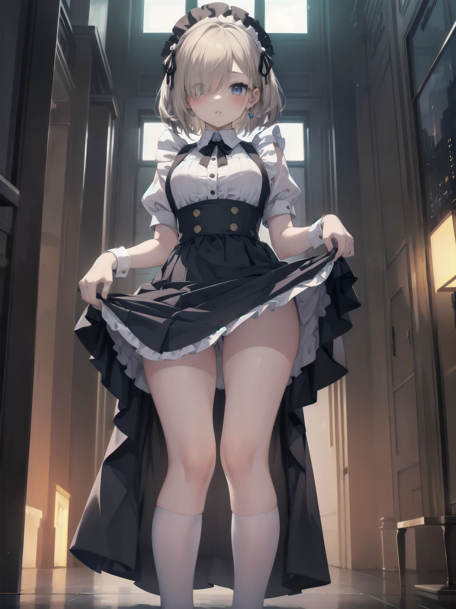 Highly detailed CG Unity 8k wallpaper, Top quality, Highly detailed, Masterpiece, Highly detailed pretty girl, 8 years old, (((lifting skirt by herself))), (lifting skirt by herself)), dynamic angles, sexy pose, blush, lips apart, looking at audience, half body shot, (crowd), (crowded big city)), hair over one eye, immaculate beauty, less revealing maid outfit, classical maid fashion
