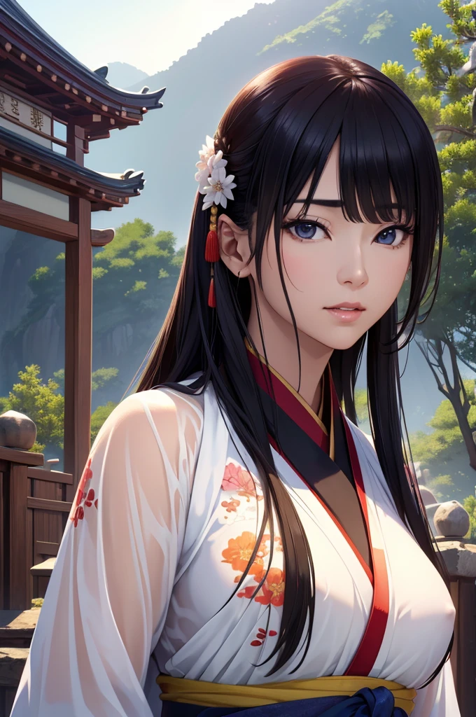 ancient chinese landscape、Waterfront、Rich historical background. (Highest quality,4K,8k,High resolution,masterpiece:1.2), Very detailed, (Realistic,Realistic,Photorealistic:1.37), High resolution, Hyper HD, Studio Lighting, Ultra-fine painting, Sharp focus, Physically Based Rendering, Very detailed説明, Professional, Vibrant colors, Bokeh, Sports Late, Ancient War Landscapes, Traditional Chinese Painting Techniques, Atmospheric lighting, Vivid color contrast, Visually stunning composition, Ethereal atmosphere,Very detailed目と顔, Beautiful attention to detail, Light on the face, (Hanfu: 1.1),My clothes are wet and transparent、Nipples are visible