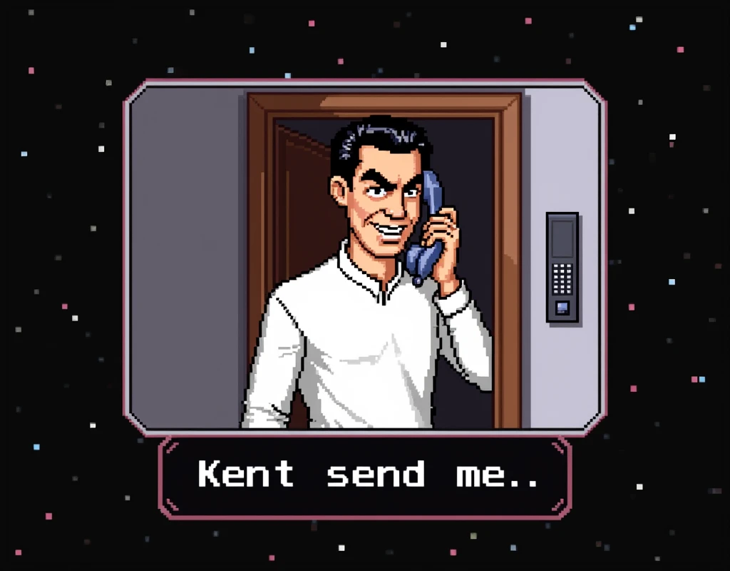a pixelated image from the video game Leisure Suit Larry, from 1988, 8bit colors, a short man with black receding hairline and bushy black eyebrows, dressed in a long-sleeved white shirt, talking to an intercom next to a door in a hallway on a building floor, at the bottom the text "Kent sent me" in white pixelated letters on black square, video game frame, full body view, top angle view, 