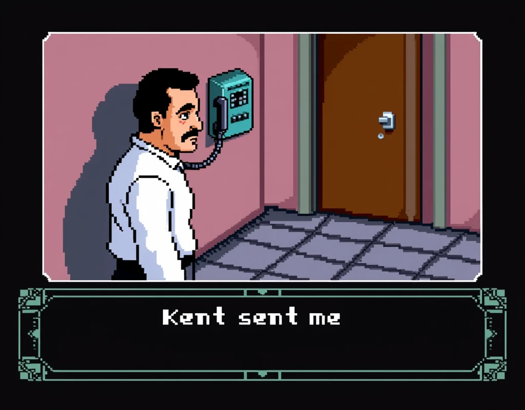 a pixelated image from the video game Leisure Suit Larry, from 1988, 8bit colors, a short man with black receding hairline and bushy black eyebrows, dressed in a long-sleeved white shirt, talking to an intercom next to a door in a hallway on a building floor, at the bottom the text "Kent sent me" in white pixelated letters on black square, video game frame, full body view, top angle view, 