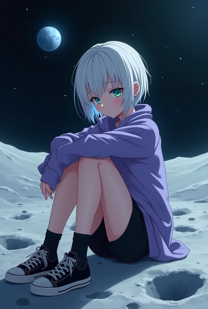 anime style, young adult woman, with one blue eye and one green eye, short white hair.
The image shows a melancholic aura Sitting on the moon.
He is wearing black shorts, a purple oversize and black tennis shoes.