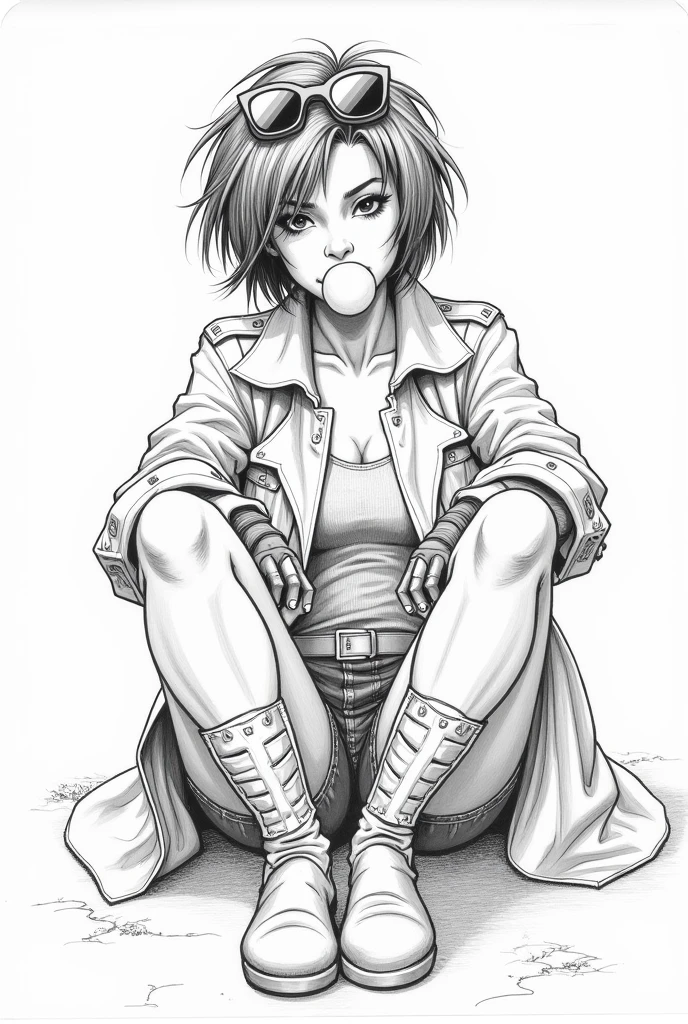 Visualize the X-Men character JUBILEE as a rough sketch in the style of comic artist Jim Lee.
She should sit on the ground pouting. JUBILEE is an Asian age with really short hair, a coat with rolled up sleeve, long gloves, boots and denim shorts and a 80's syle sunglasses which that sits on the top of her head that has the shape of Bret Harts icons sunglasses. She has to blew a bubblegum bubble