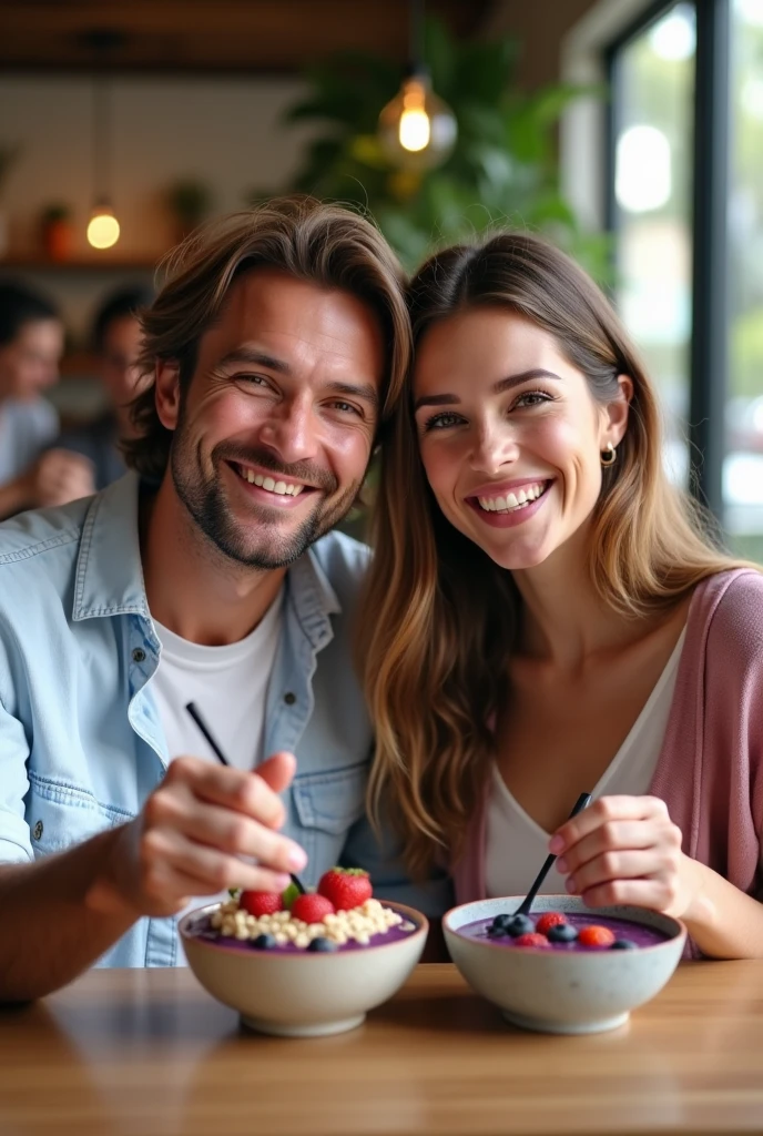 Realistic man and wife 25-35 years old, At the acai shop ,brown hair eating acai , with friends Ultra HD, high qualiy, best qualityer, high resolution, 8k, 16K