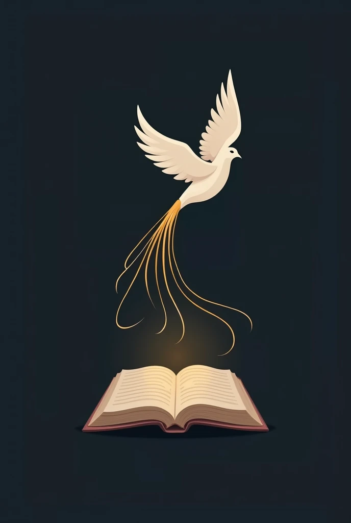 Create a logo with a thin dove with its long golden tail that traces a path above the open Bible so that the dove is on top of the Bible