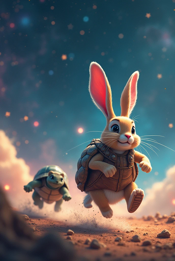 Rabbit and turtle racing with a sky background like in outer space