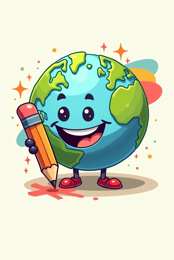 Smiling planet logo , cartoon type cuphead with a pencil making a colored stroke around him