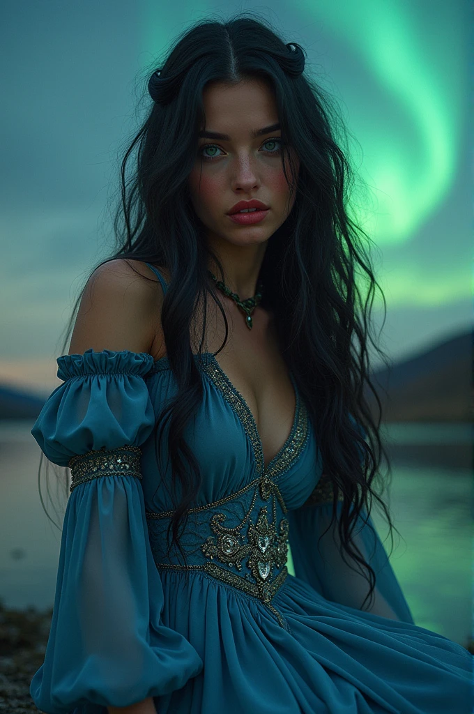 A woman with skin the color of chocolate, with green eyes, 精致的面容, fleshy and red mouth, long, wavy black hair, with a long blue dress that looks like the starry sky, that fits perfectly on your guitar body. With the aurora borealis in the background in warm colors With the title: Ukan - In Search of Truth