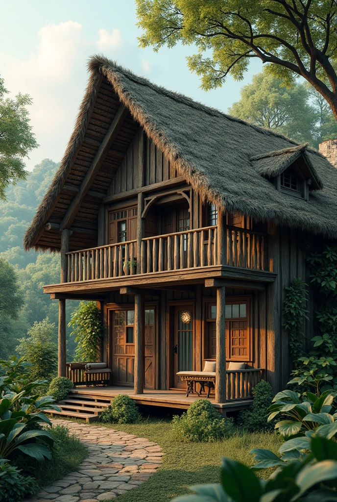 masterpiece, swiftlet bird nest farm house, realistic, photorealistic, 8k, highly detailed, intricate, complex architecture, beautiful natural lighting, warm color palette, lush greenery, wooden beams, thatched roof, rustic textures, atmospheric, serene, tranquil, peaceful, breathtaking, cinematic