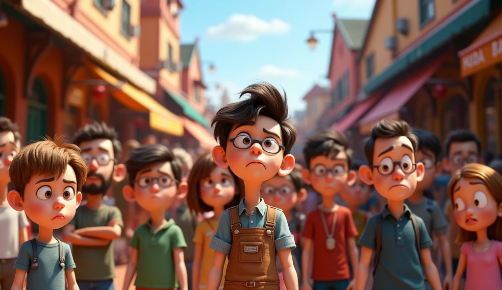 Im Stil wonn Pixar 3D Animation Film. A large group of annoyed people in a marketplace.