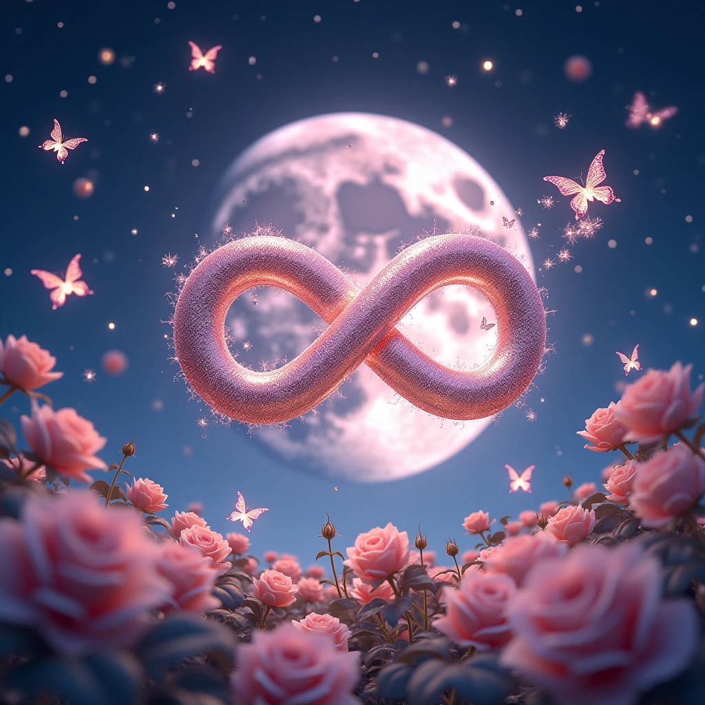 High resolution, masterpiece, Highest quality, High detail, Infinity、symbol、Infinity Mark、煌めくstar出できている輝くマーク、mysterious、myth、大きなPale pinkの月の背景、Sparkle、Night Sky、High resolution, masterpiece, Highest quality, High detail, Infinity、symbol、Infinity Mark、リボンとSparkleでできている輝くInfinity Mark、mysterious、myth、大きなPale pinkの月の背景、Sparkle、Night Sky、Close-up, Wide angle,
Night Skyに煌めくstarの中に輝くInfinity Mark、Behind the mark is a big pink moon、star、star空の下には薔薇、Pale pink、Light color、Glowing Butterfly、roseの花園、rose